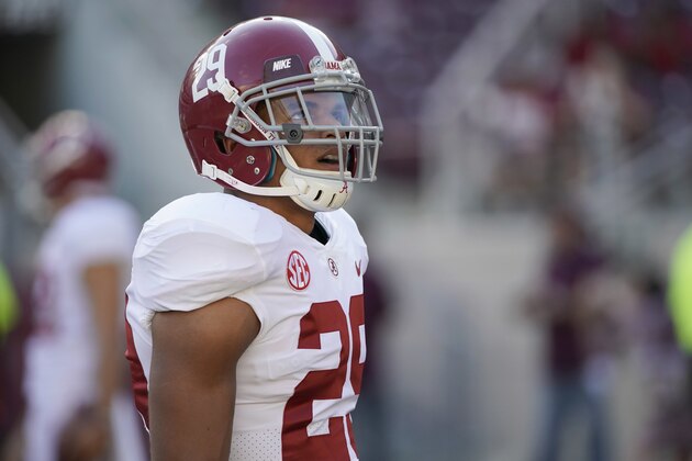 Alabama's Minkah Fitzpatrick warms up before an NCAA college football game against Texas A&M Saturday, Oct. 7, 2017, in College Station, Texas. (AP Photo/David J. Phillip)