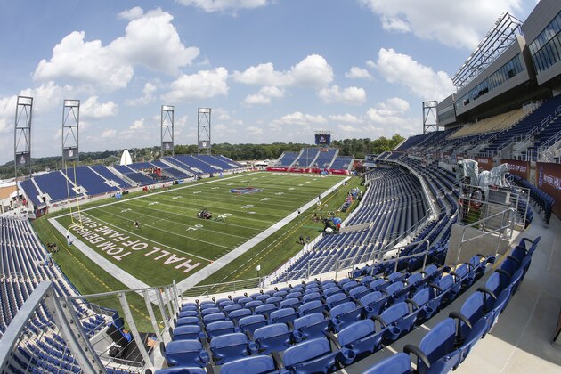 Tom Benson Hall of Fame Stadium is prepared for the Pro Football Hall of Fame NFL preseason game in Canton, Ohio, Thursday, Aug. 3, 2017. (AP Photo/Ron Schwane)