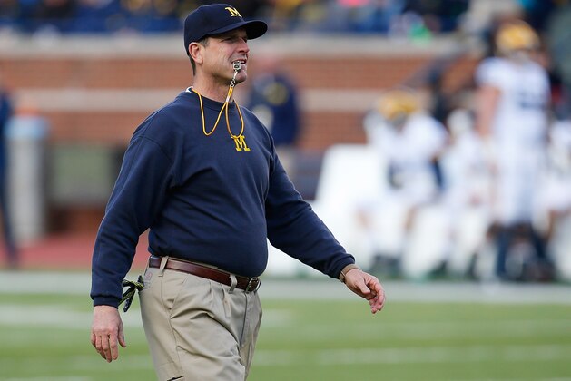 ANN ARBOR, MI - APRIL 01: Head coach Jim Harbaugh looks on during the Michigan Football Spring Game on April 1, 2016 at Michigan Stadium in Ann Arbor, Michigan.  (Photo by Gregory Shamus/Getty Images)