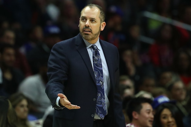 LOS ANGELES, CA - MARCH 10: Head coach Frank Vogel of the Orlando Magic reacts during the second half of the NBA game between the Orlando Magic and the Los Angeles Clippers at Staples Center on March 10, 2018 in Los Angeles, California. The Clippers defeated the Magic 113-105. NOTE TO USER: User expressly acknowledges and agrees that, by downloading and or using this photograph, User is consenting to the terms and conditions of the Getty Images License Agreement.  (Photo by Victor Decolongon/Getty Images)