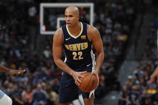 Denver Nuggets forward Richard Jefferson (22) in the second half of an NBA basketball game Friday, Jan. 12, 2018, in Denver. The Nuggets won 87-78. (AP Photo/David Zalubowski)