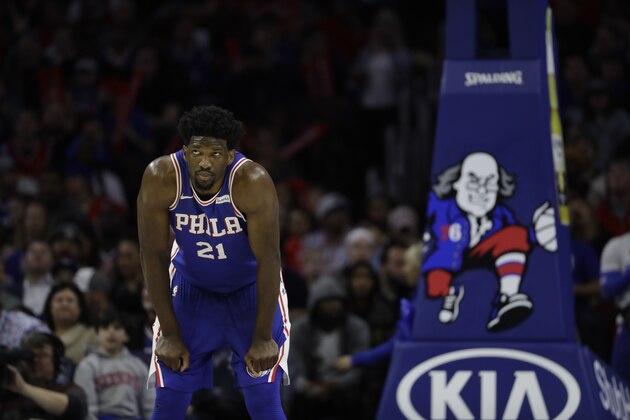 Philadelphia 76ers' Joel Embiid in action during an NBA basketball game against the Denver Nuggets, Monday, March 26, 2018, in Philadelphia. (AP Photo/Matt Slocum)