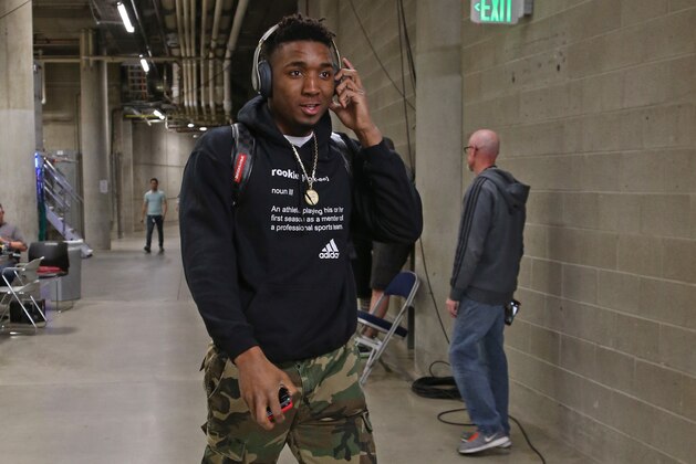 SALT LAKE CITY, UT - APRIL 10: Donovan Mitchell #45 of the Utah Jazz arrives to the arena before the game against the Golden State Warriors on April 10, 2018 at vivint.SmartHome Arena in Salt Lake City, Utah. NOTE TO USER: User expressly acknowledges and agrees that, by downloading and or using this Photograph, User is consenting to the terms and conditions of the Getty Images License Agreement. Mandatory Copyright Notice: Copyright 2018 NBAE (Photo by Melissa Majchrzak/NBAE via Getty Images)