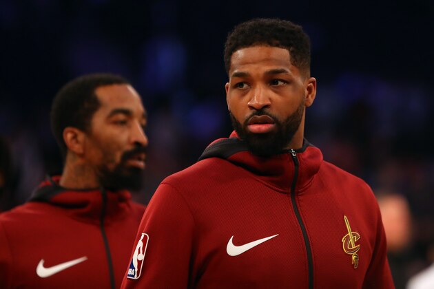NEW YORK, NY - APRIL 09:  Tristan Thompson #13 of the Cleveland Cavaliers looks on during warm ups before the game against the New York Knicks at Madison Square Garden on April 9, 2018 in New York City. NOTE TO USER: User expressly acknowledges and agrees that, by downloading and or using this photograph, User is consenting to the terms and conditions of the Getty Images License Agreement.  (Photo by Mike Lawrie/Getty Images)