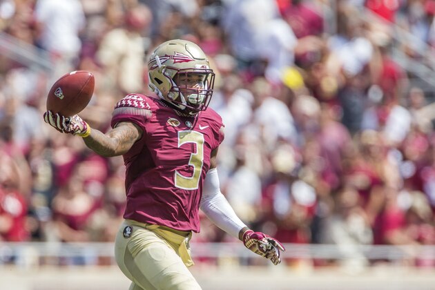 Florida State defensive back Derwin James celebrates an interception with was ruled down in the second half of an NCAA college football game against North Carolina State in Tallahassee, Fla., Saturday, Sept. 23, 2017. NC State defeated Florida State 27-21. (AP Photo/Mark Wallheiser)