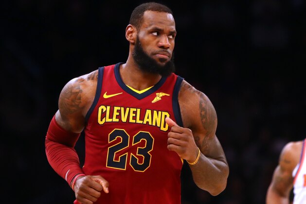 NEW YORK, NY - APRIL 09: LeBron James #23 of the Cleveland Cavaliers looks on in the fourth quarter against the New York Knicks at Madison Square Garden on April 9, 2018 in New York City. NOTE TO USER: User expressly acknowledges and agrees that, by downloading and or using this photograph, User is consenting to the terms and conditions of the Getty Images License Agreement.  (Photo by Mike Lawrie/Getty Images)