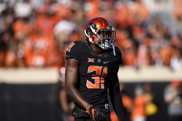 Oklahoma State safety Tre Flowers practices before the start of an NCAA college football game with Texas Tech in Stillwater, Okla., Saturday, Nov. 12, 2016.(AP Photo/Brody Schmidt) Oklahoma State safety Tre Flowers practices before the start of an NCAA college football game with Texas Tech in Stillwater, Okla., Saturday, Nov. 12, 2016.(AP Photo/Brody Schmidt)