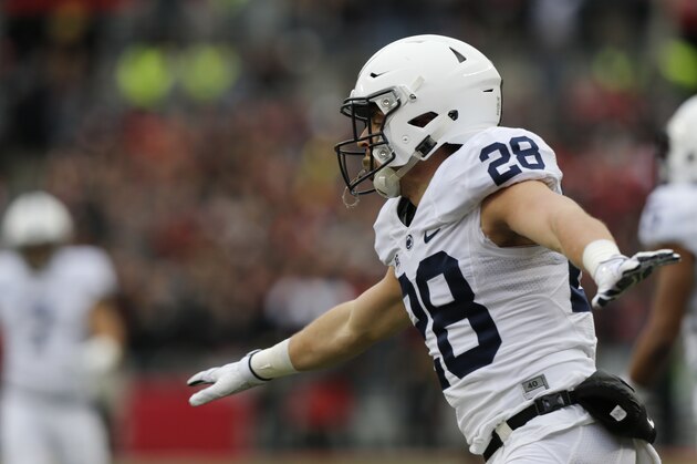 Penn State safety Troy Apke celebrates breaking up a pass against Ohio State during the first half of an NCAA college football game Saturday, Oct. 28, 2017, in Columbus, Ohio. (AP Photo/Jay LaPrete)