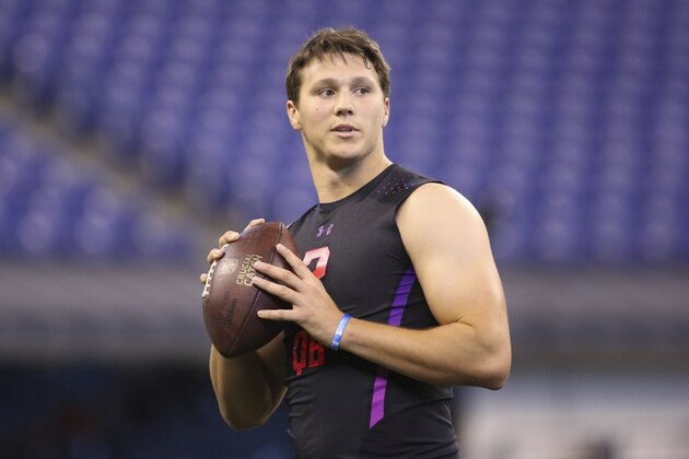 Wyoming quarterback Josh Allen warms up at the 2018 NFL Scouting Combine on Saturday, March 3, 2018, in Indianapolis. (AP Photo/Gregory Payan)