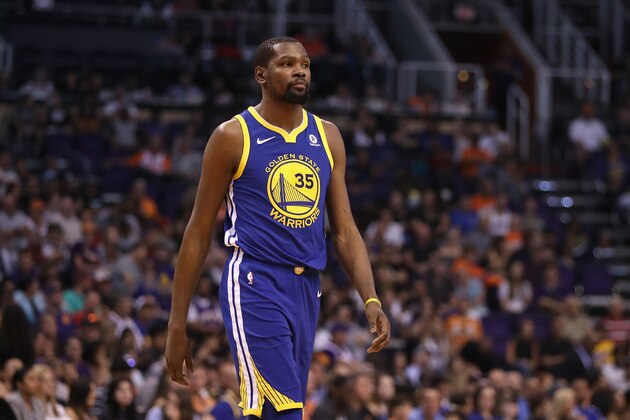 PHOENIX, AZ - APRIL 08:  Kevin Durant #35 of the Golden State Warriors during the first half of the NBA game against the Phoenix Suns at Talking Stick Resort Arena on April 8, 2018 in Phoenix, Arizona.  NOTE TO USER: User expressly acknowledges and agrees that, by downloading and or using this photograph, User is consenting to the terms and conditions of the Getty Images License Agreement.  (Photo by Christian Petersen/Getty Images)
