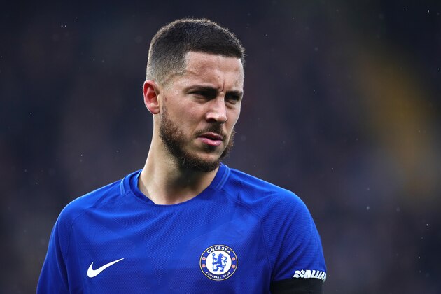 LONDON, ENGLAND - APRIL 08: Eden Hazard of Chelsea looks on during the Premier League match between Chelsea and West Ham United at Stamford Bridge on April 8, 2018 in London, England. (Photo by Chris Brunskill Ltd/Getty Images)