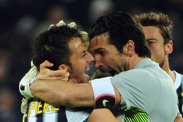 Juventus' forward Alessandro Del Piero (L) celebrates after scoring with teammate goalkeeper Gianluigi Buffon during the Italian Serie A football match Juventus against Lazio on April 11, 2012 in Juventus stadium. AFP PHOTO / OLIVIER MORIN (Photo credit should read OLIVIER MORIN/AFP/Getty Images)