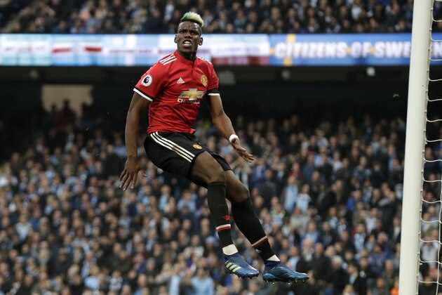 Manchester United's Paul Pogba reacts after scoring his side's second goal during the English Premier League soccer match between Manchester City and Manchester United at the Etihad Stadium in Manchester, England, Saturday April 7, 2018. (AP Photo/Matt Dunham) Manchester United's Paul Pogba reacts after scoring his side's second goal during the English Premier League soccer match between Manchester City and Manchester United at the Etihad Stadium in Manchester, England, Saturday April 7, 2018. (AP Photo/Matt Dunham)