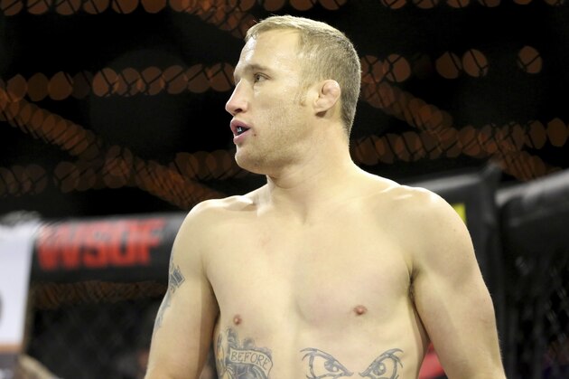 Justin Gaethje is seen during his title defense against Luiz Firmino for the WSOF lightweight title fight at the Theater at Madison Square Garden in New York on Saturday, December 31, 2016. Gaethje won by doctor stoppage after the 3rd round when Firmino could not see out of his right eye. (AP Photo/Gregory Payan)