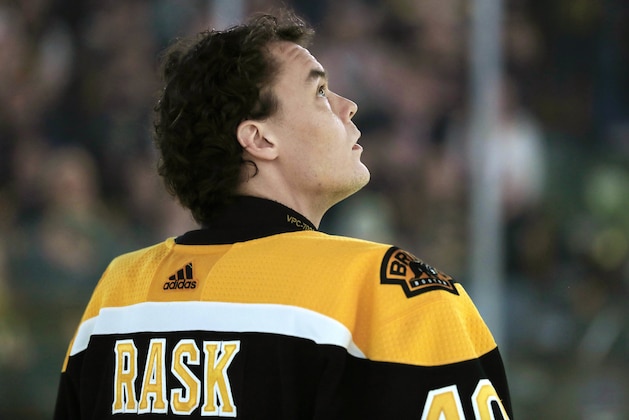 Boston Bruins goaltender Tuukka Rask looks on before an NHL hockey game against the Florida Panthers in Boston Sunday, April 8, 2018. (AP Photo/Winslow Townson)