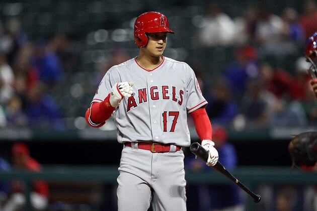 ARLINGTON, TX - APRIL 10:  Shohei Ohtani #17 of the Los Angeles Angels prepares to bat against the Texas Rangers in the ninth inning at Globe Life Park in Arlington on April 10, 2018 in Arlington, Texas.  (Photo by Ronald Martinez/Getty Images)