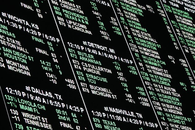 A board displays odds for different bets on the NCAA college basketball tournament at the Westgate Superbook sports book, Thursday, March 15, 2018, in Las Vegas. (AP Photo/John Locher)