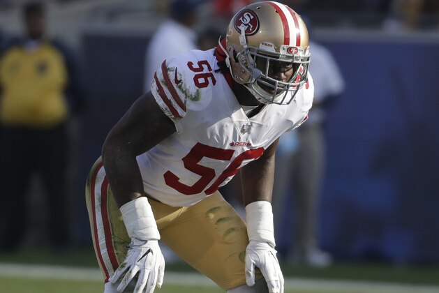 San Francisco 49ers outside linebacker Reuben Foster (56) against the Los Angeles Rams during the first half of an NFL football game Sunday, Dec. 31, 2017, in Los Angeles. (AP Photo/Rick Scuteri)