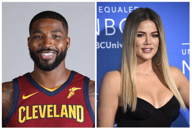 This combination photo shows television personality Khloe Kardashian at the NBCUniversal Network 2017 Upfront at Radio City Music Hall in New York on May 15, 2017, right, and Cleveland Cavaliers' Tristan Thompson at the NBA basketball team media day in Independence, Ohio, on Sept. 25, 2017, left. Kardashian confirmed Wednesday, Dec. 20, on Instagram that she is expecting her first child with boyfriend Thompson. (Photo by Evan Agostini/Invision/AP, right, Ron Schwane, left, File)