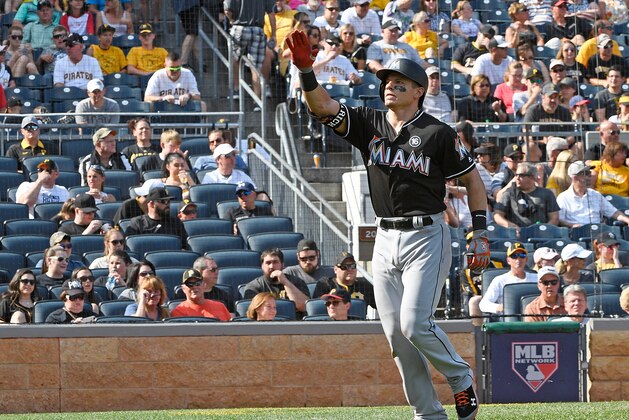 PITTSBURGH, PA - JUNE 10: Derek Dietrich #32 of the Miami Marlins points into the crowd after hitting a solo home run in the fourth inning during the game against the Pittsburgh Pirates at PNC Park on June 10, 2017 in Pittsburgh, Pennsylvania. (Photo by Justin Berl/Getty Images)