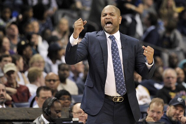 Memphis Grizzlies interim head coach J.B. Bickerstaff reacts in the second half of an NBA basketball game against the Los Angeles Lakers Saturday, March 24, 2018, in Memphis, Tenn. (AP Photo/Brandon Dill)