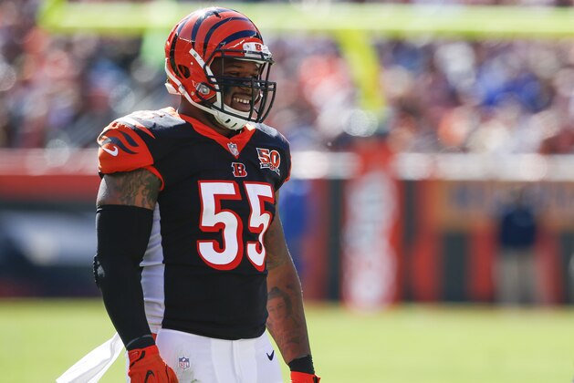 Cincinnati Bengals outside linebacker Vontaze Burfict (55) plays against the Cleveland Browns in the first half of an NFL football game, Sunday, Oct. 1, 2017, in Cleveland. (AP Photo/Ron Schwane)