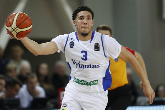 BC Prienu Vytautas's LiAngelo Ball in action during the Big Baller Brand Challenge friendly tournament match between BC Prienu Vytautas and BC Zalgiris-2 at the BC Prienai-Birstonas Vytautas arena, in Prienai, Lithuania, Tuesday, Jan. 9, 2018. LiAngelo Ball and LaMelo Ball, sons of former basketball player LaVar Ball, have signed a one-year contract and play their first match for Lithuanian professional basketball club Prienu Vytautas. (AP Photo/Liusjenas Kulbis) BC Prienu Vytautas's LiAngelo Ball in action during the Big Baller Brand Challenge friendly tournament match between BC Prienu Vytautas and BC Zalgiris-2 at the BC Prienai-Birstonas Vytautas arena, in Prienai, Lithuania, Tuesday, Jan. 9, 2018. LiAngelo Ball and LaMelo Ball, sons of former basketball player LaVar Ball, have signed a one-year contract and play their first match for Lithuanian professional basketball club Prienu Vytautas. (AP Photo/Liusjenas Kulbis)