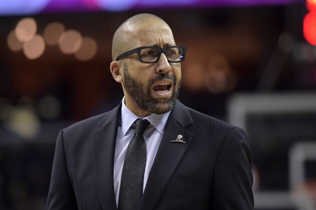 Memphis Grizzlies head coach David Fizdale reacts in the first half of an NBA basketball game against the Brooklyn Nets Sunday, Nov. 26, 2017, in Memphis, Tenn. (AP Photo/Brandon Dill)
