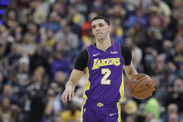 Los Angeles Lakers' Lonzo Ball in action during the first half of an NBA basketball game against the Indiana Pacers, Monday, March 19, 2018, in Indianapolis. (AP Photo/Darron Cummings)