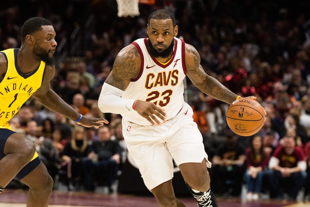 CLEVELAND, OH - JANUARY 26: LeBron James #23 of the Cleveland Cavaliers drives to the basket during the second half against the Indiana Pacers at Quicken Loans Arena on January 26, 2018 in Cleveland, Ohio. The Cavaliers defeated the Pacers 115-108. NOTE TO USER: User expressly acknowledges and agrees that, by downloading and or using this photograph, User is consenting to the terms and conditions of the Getty Images License Agreement. (Photo by Jason Miller/Getty Images)