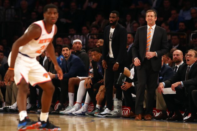 NEW YORK, NY - APRIL 09: Jeff Hornacek of the New York Knicks looks on in the fourth quarter against the Cleveland Cavaliers at Madison Square Garden on April 9, 2018 in New York City. NOTE TO USER: User expressly acknowledges and agrees that, by downloading and or using this photograph, User is consenting to the terms and conditions of the Getty Images License Agreement.  (Photo by Mike Lawrie/Getty Images)