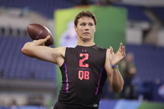 Wyoming quarterback Josh Allen runs a drill at the NFL football scouting combine in Indianapolis, Saturday, March 3, 2018. (AP Photo/Michael Conroy) Wyoming quarterback Josh Allen runs a drill at the NFL football scouting combine in Indianapolis, Saturday, March 3, 2018. (AP Photo/Michael Conroy)
