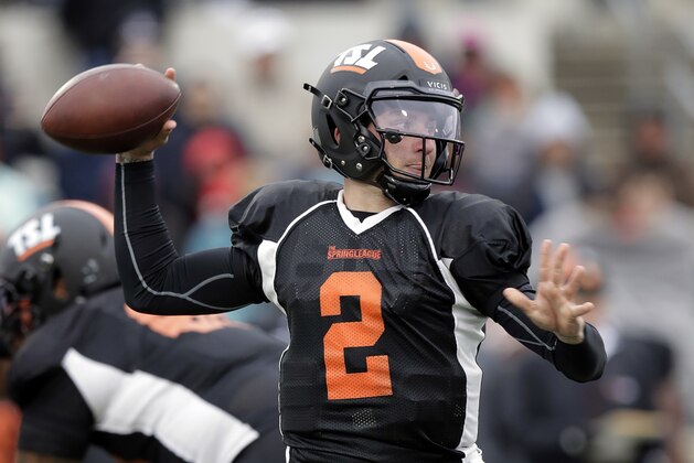 Former Heisman Trophy-winning quarterback Johnny Manziel (2) looks to throw during a developmental Spring League football game, Saturday, April 7, 2018, in Austin, Texas. Manziel is hoping to impress NFL scouts in his bid to return to the league. (AP Photo/Eric Gay)