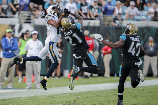 Jacksonville Jaguars cornerback A.J. Bouye (21) intercepts a pass intended for Los Angeles Chargers wide receiver Travis Benjamin (12) during the second half of an NFL football game, Sunday, Nov. 12, 2017, in Jacksonville, Fla. (AP Photo/Stephen B. Morton)