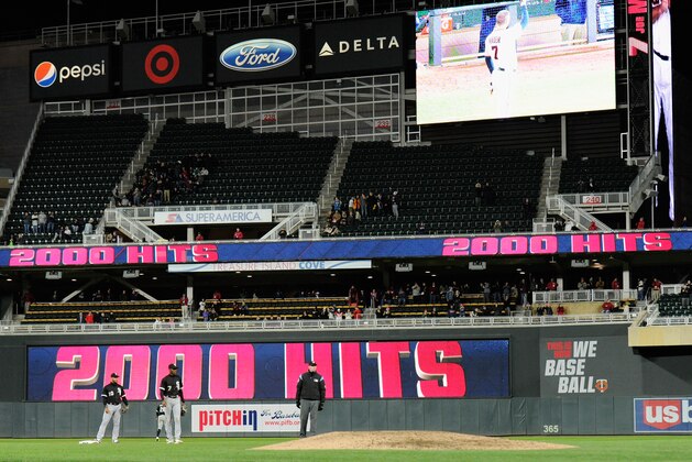 MINNEAPOLIS, MN - APRIL 12: The Minnesota Twins announce Joe Mauer #7 hit 2000 hits after a two-run home run against the Chicago White Sox during the seventh inning of the game on April 12, 2018 at Target Field in Minneapolis, Minnesota. (Photo by Hannah Foslien/Getty Images)
