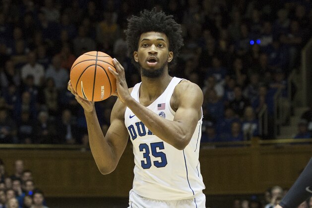 Duke's Marvin Bagley III (35) looks to pass during the first half of an NCAA college basketball game against Pittsburg in Durham, N.C. Saturday, Jan. 20, 2018. (AP Photo/Ben McKeown)