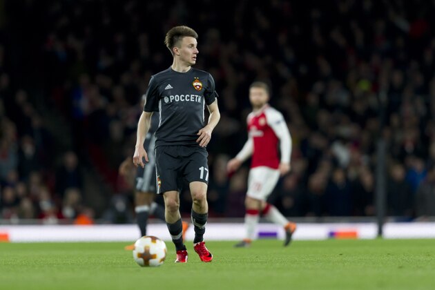 LONDON, ENGLAND - APRIL 05: Aleksandr Golovin of CSKA Moskva controls the ball during the UEFA UEFA Europa League Quarter-Final first leg match between Arsenal FC and CSKA Moskva at Emirates Stadium on April 5, 2018 in London, United Kingdom. (Photo by TF-Images/TF-Images via Getty Images)