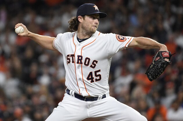Houston Astros starting pitcher Gerrit Cole delivers during the first inning of a baseball game against the San Diego Padres, Saturday, April 7, 2018, in Houston. (AP Photo/Eric Christian Smith)