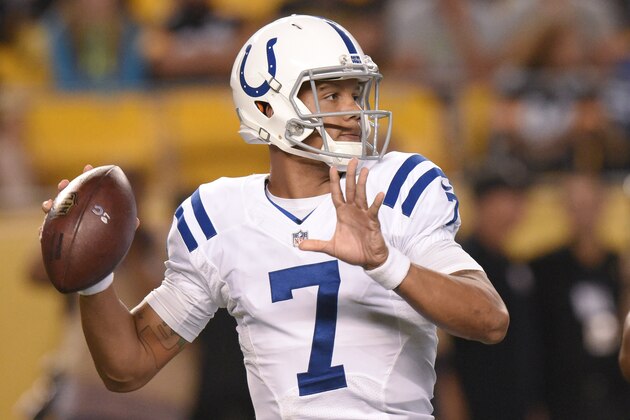 Indianapolis Colts quarterback Stephen Morris (7) passes in the second half of an NFL preseason football game against the Pittsburgh Steelers, Saturday, Aug. 26, 2017, in Pittsburgh. (AP Photo/Don Wright)