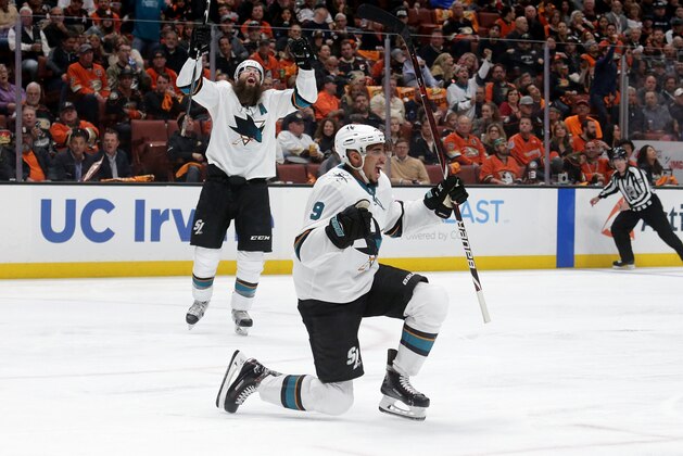 ANAHEIM, CA - APRIL 12:  Evander Kane #9 of the San Jose Sharks celebrates his first goal of the second period against the Anaheim Ducks in Game One of the Western Conference First Round during the 2018 NHL Stanley Cup Playoffs at Honda Center on April 12, 2018 in Anaheim, California.  (Photo by Jeff Gross/Getty Images)