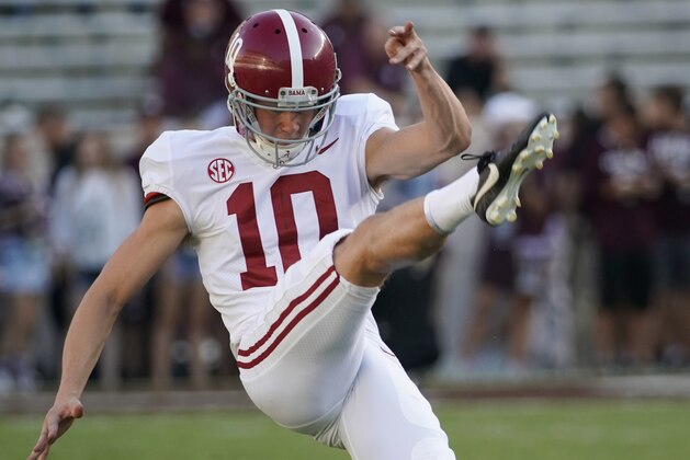 Alabama punter JK Scott warms up before an NCAA college football game against Texas A&M Saturday, Oct. 7, 2017, in College Station, Texas. (AP Photo/David J. Phillip)
