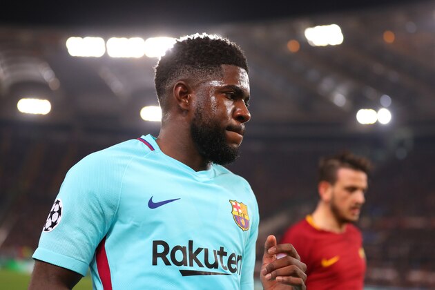 ROME, ITALY - APRIL 10: Samuel Umtiti of FC Barcelona during the UEFA Champions League Quarter Final Leg Two between AS Roma and FC Barcelona  at Stadio Olimpico on April 10, 2018 in Rome, Italy. (Photo by Catherine Ivill/Getty Images)