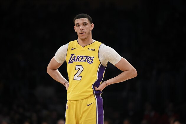 Los Angeles Lakers guard Lonzo Ball looks on during the first half of an NBA basketball game against the Denver Nuggets in Los Angeles, Tuesday, March 13, 2018. (AP Photo/Kelvin Kuo) Los Angeles Lakers guard Lonzo Ball looks on during the first half of an NBA basketball game against the Denver Nuggets in Los Angeles, Tuesday, March 13, 2018. (AP Photo/Kelvin Kuo)