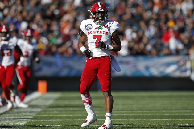 North Carolina State running back Nyheim Hines celebrates after picking up a first down during the first half of the Sun Bowl NCAA college football game against Arizona State in El Paso, Texas, Friday, Dec. 29, 2017. (AP Photo/Andres Leighton)