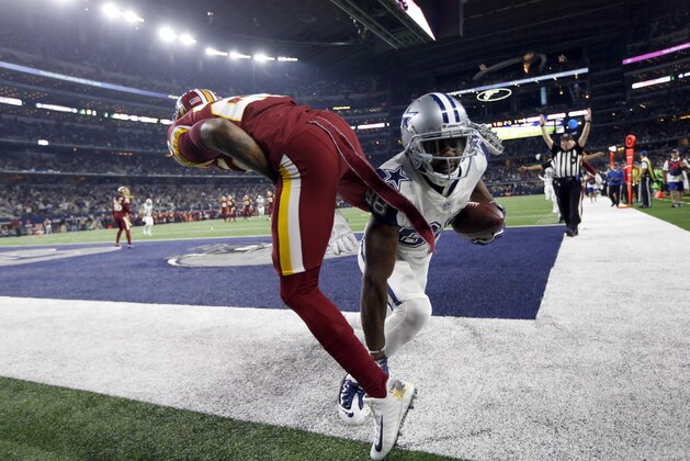 Dallas Cowboys wide receiver Dez Bryant (88) catches a touchdown pass in front of Washington Redskins cornerback Bashaud Breeland in the second half of an NFL football game, Thursday, Nov. 30, 2017, in Arlington, Texas. (AP Photo/Ron Jenkins)