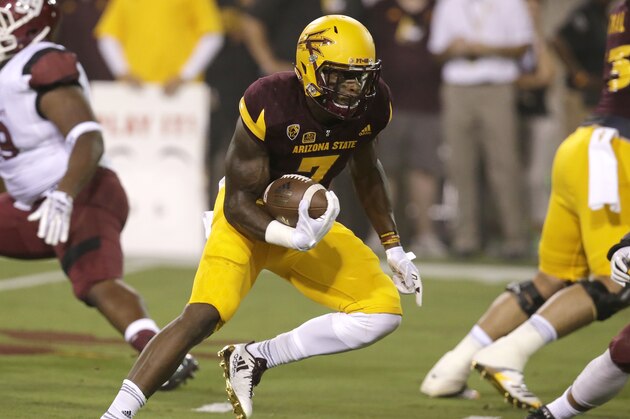 Arizona State running back Kalen Ballage (7) in the second half during an NCAA college football game against New Mexico State, Thursday, Aug. 31, 2017, in Tempe, Ariz. Arizona State defeated New Mexico State 37-31. (AP Photo/Rick Scuteri)