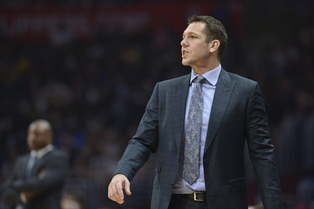 LOS ANGELES, CA - APRIL 11:  Luke Walton of the Los Angeles Lakers from the bench against the Los Angeles Clippers at Staples Center on April 11, 2018 in Los Angeles, California. NOTE TO USER: User expressly acknowledges and agrees that, by downloading and or using this photograph, User is consenting to the terms and conditions of the Getty Images License Agreement. (Photo by John McCoy/Getty Images) *** Local Caption ***  Luke Walton