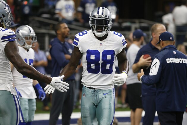 FILE - In this Oct. 8, 2017, file photo, Dallas Cowboys' Dez Bryant (88) greets teammates before an NFL football game against the Green Bay Packers in Arlington, Texas. When the Cowboys and the Falcons meet Sunday in a critical NFC match, the winner will be in solid position for a run toward the playoffs. (AP Photo/Ron Jenkins, File)
