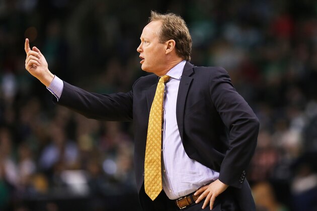BOSTON, MA - FEBRUARY 02:  Coach Mike Budenholzer of the Atlanta Hawks looks on during a game against the Boston Celtics at TD Garden on February 2, 2018 in Boston, Massachusetts.  NOTE TO USER: User expressly acknowledges and agrees that, by downloading and or using this photograph, User is consenting to the terms and conditions of the Getty Images License Agreement. (Photo by Adam Glanzman/Getty Images)