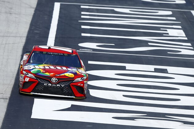 Driver Kyle Busch practices for a NASCAR Monster Series auto race on Friday, April 13, 2018, in Bristol, Tenn. (AP Photo/Wade Payne)